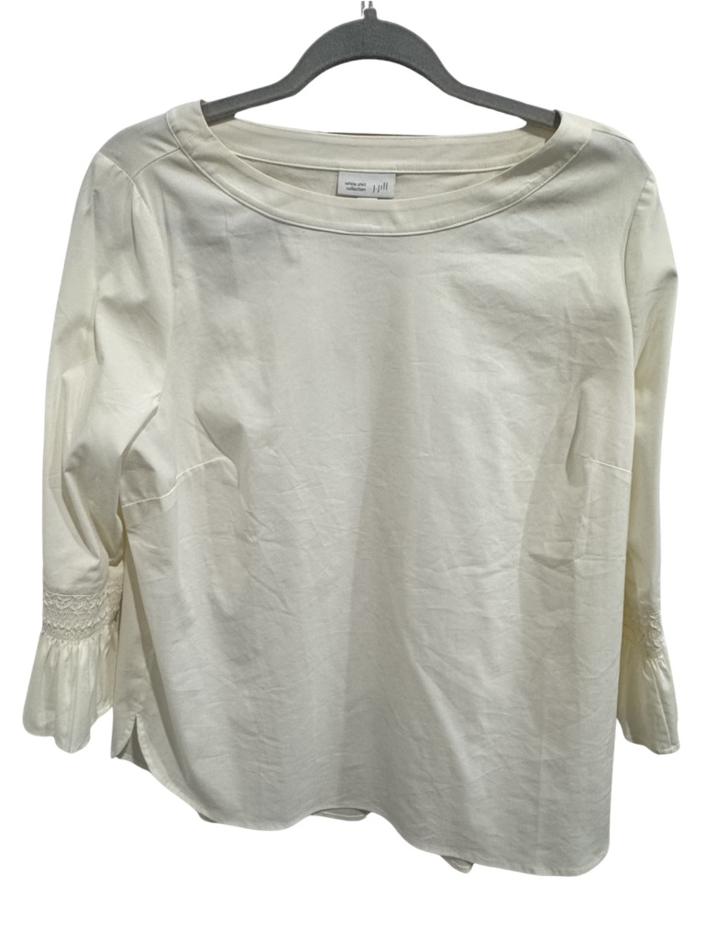 J.Jill White Bell Sleeve Top Smocked Cuff Boat Neck Stretch Blouse NWOT Women